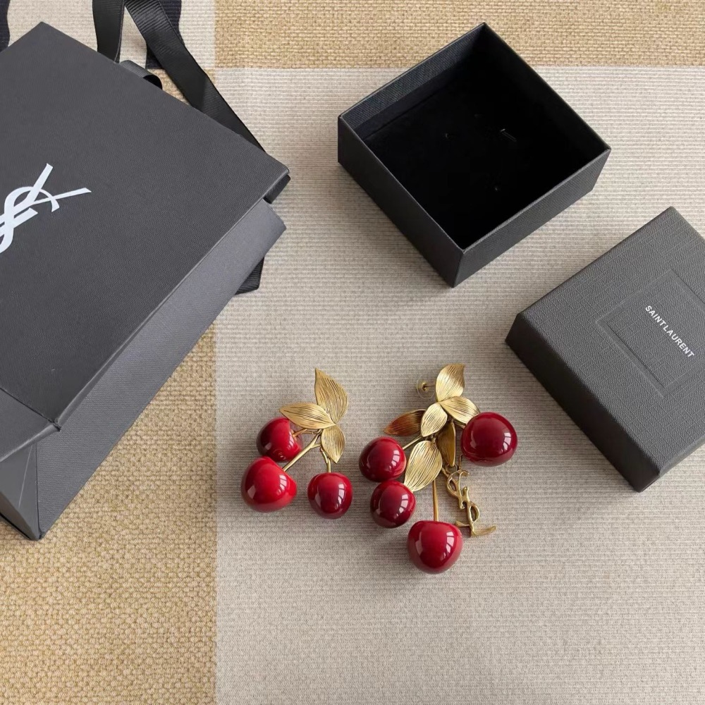 YSL CHERRY LEAF ASYMMETRICAL DROP EARRINGS
