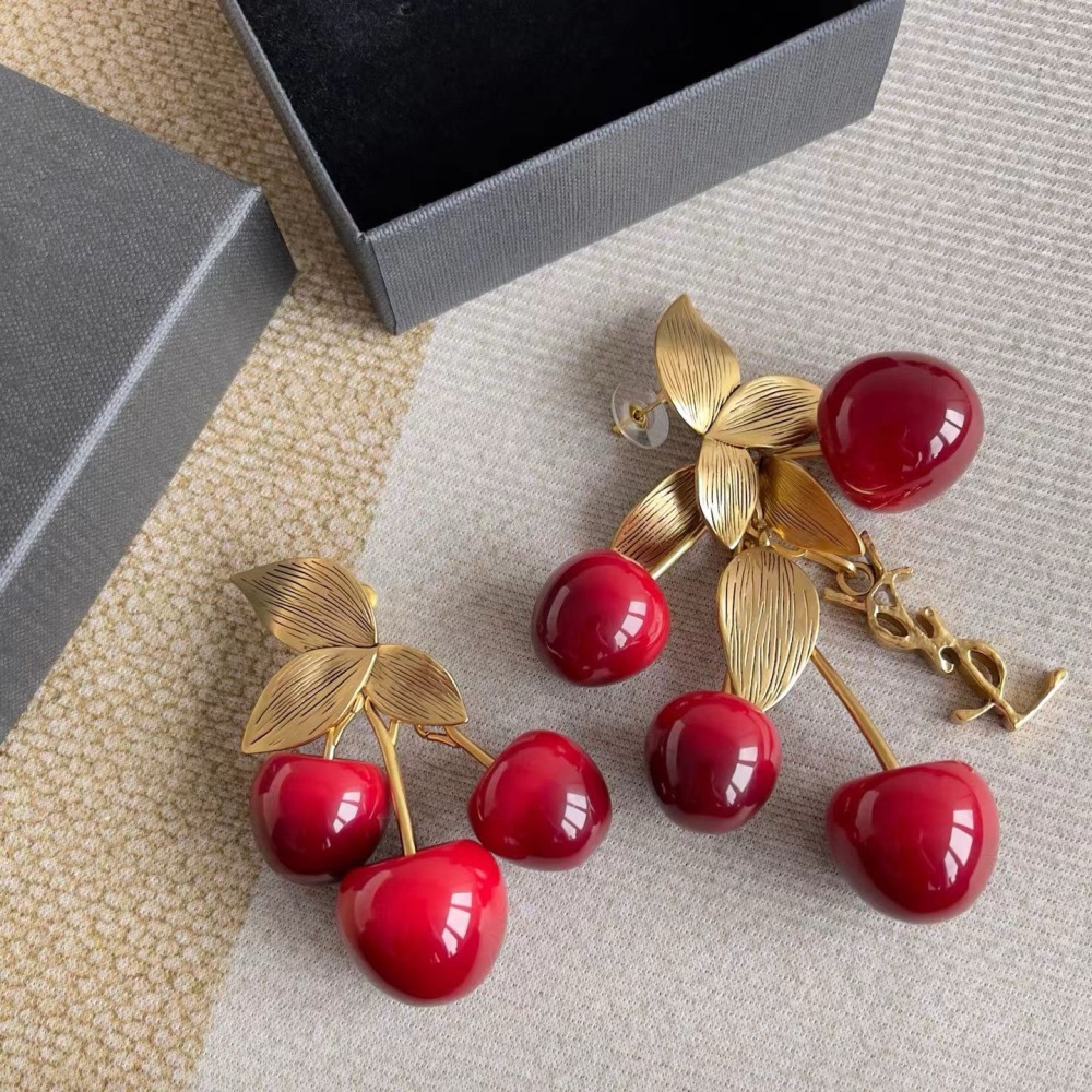 YSL CHERRY LEAF ASYMMETRICAL DROP EARRINGS