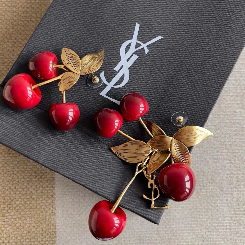 YSL CHERRY LEAF ASYMMETRICAL DROP EARRINGS