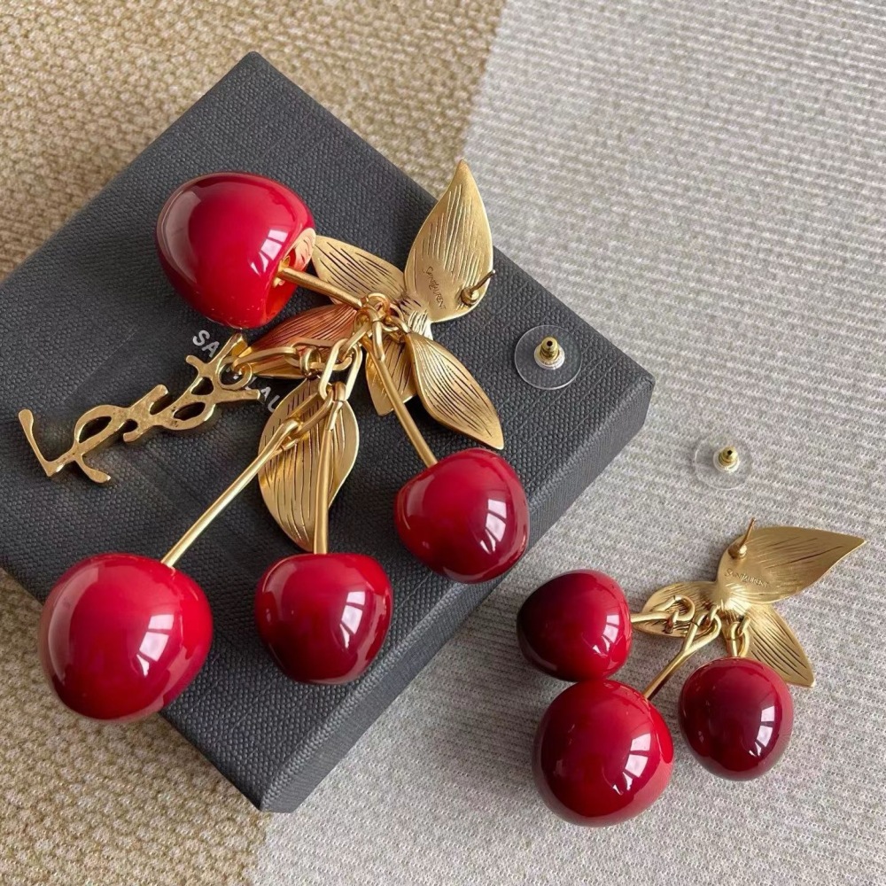 YSL CHERRY LEAF ASYMMETRICAL DROP EARRINGS