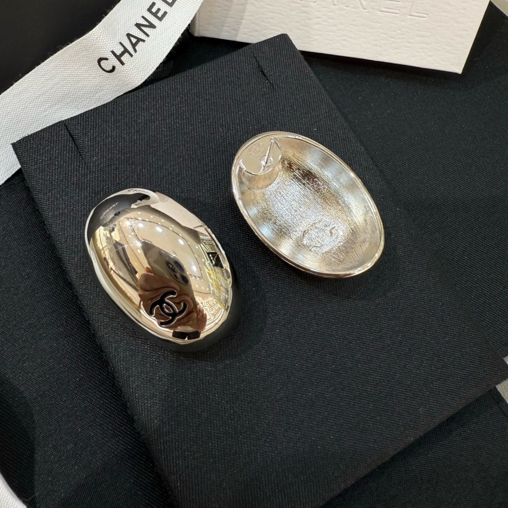 CHANEL SILVER OVAL CC STUD EARRINGS