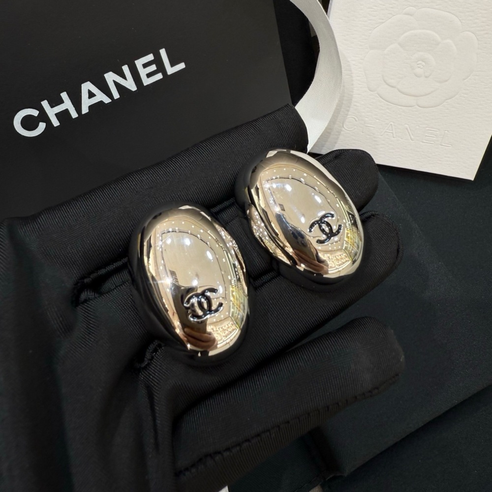 CHANEL SILVER OVAL CC STUD EARRINGS