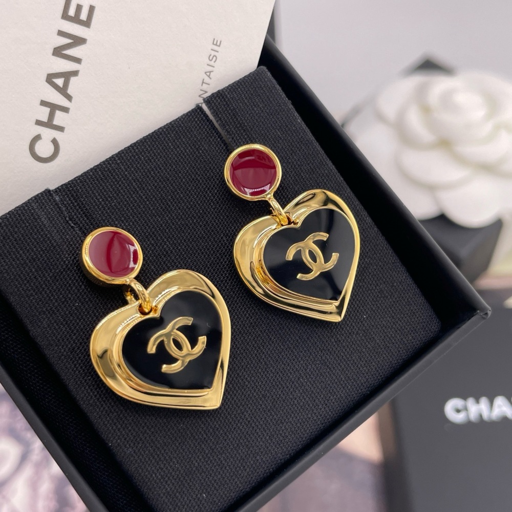 CHANEL BURGUNDY STONE BLACK HEART CC DROP EARRINGS