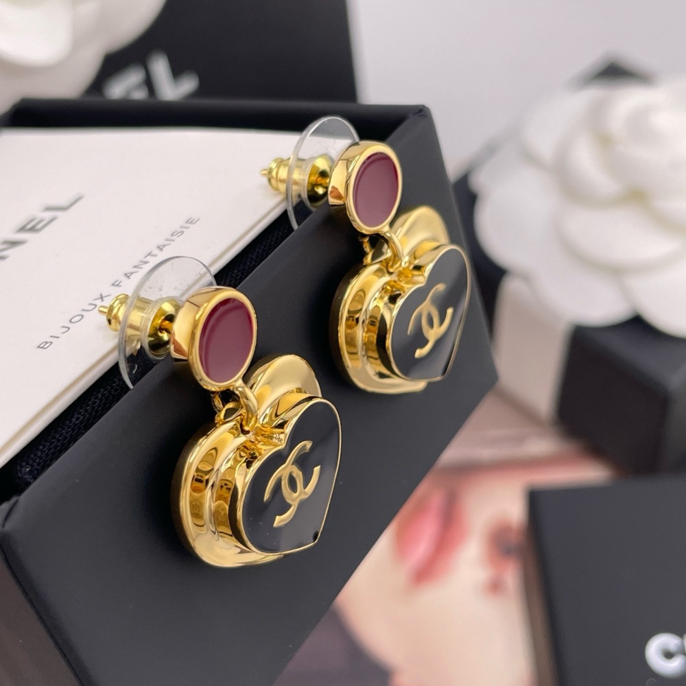 CHANEL BURGUNDY STONE BLACK HEART CC DROP EARRINGS