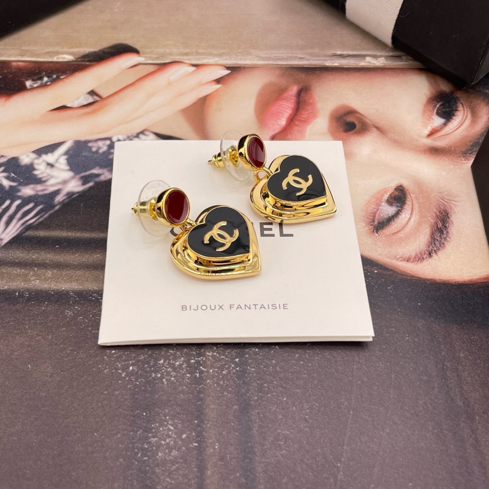 CHANEL BURGUNDY STONE BLACK HEART CC DROP EARRINGS