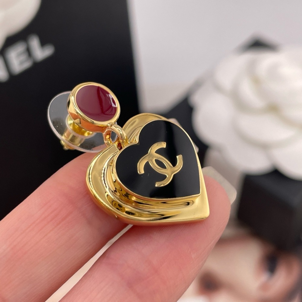 CHANEL BURGUNDY STONE BLACK HEART CC DROP EARRINGS