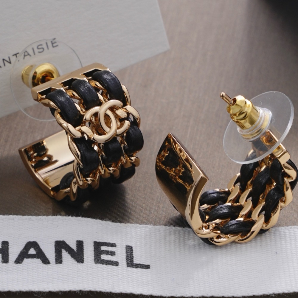 CHANEL BLACK LEATHER WOVEN CC CUFF HOOP EARRINGS