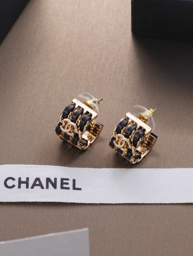 CHANEL BLACK LEATHER WOVEN CC CUFF HOOP EARRINGS