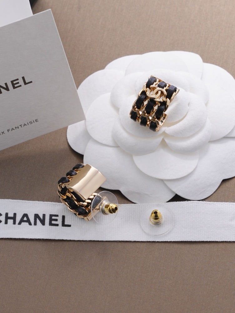 CHANEL BLACK LEATHER WOVEN CC CUFF HOOP EARRINGS