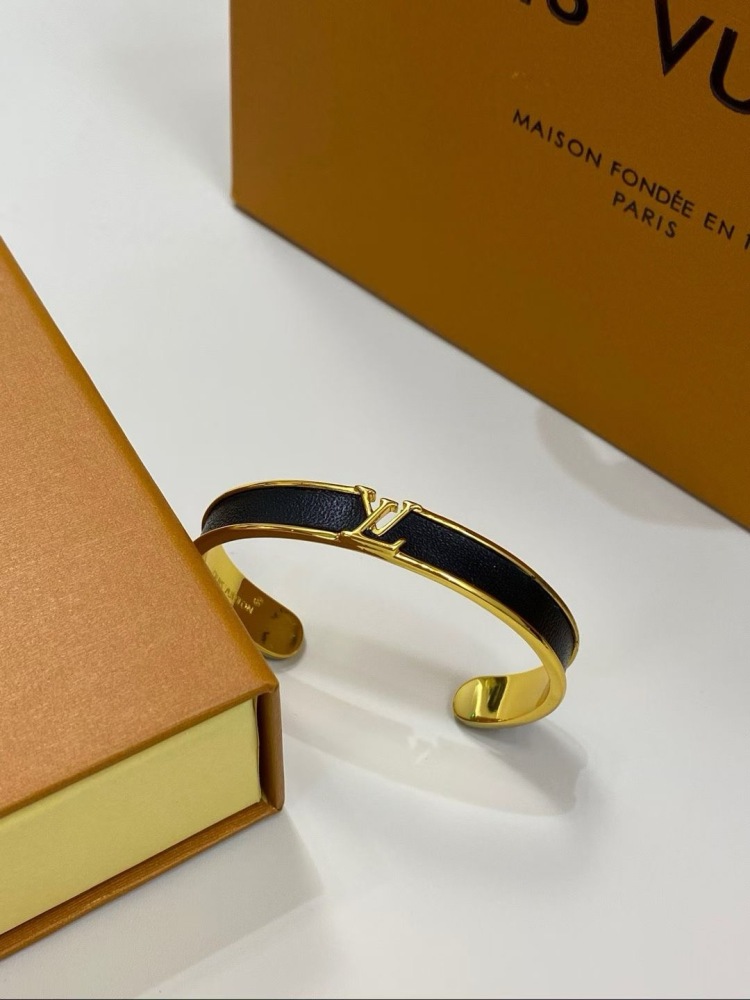 LV GOLD FRAME BLACK LEATHER LOGO OPEN CUFF BRACELET