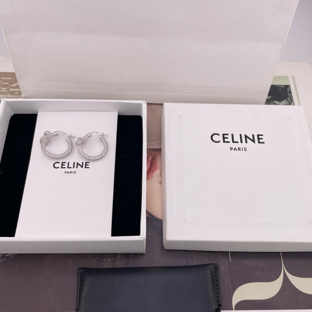 CELINE SILVER FULL DIAMOND KNOT TWIST HOOP EARRINGS