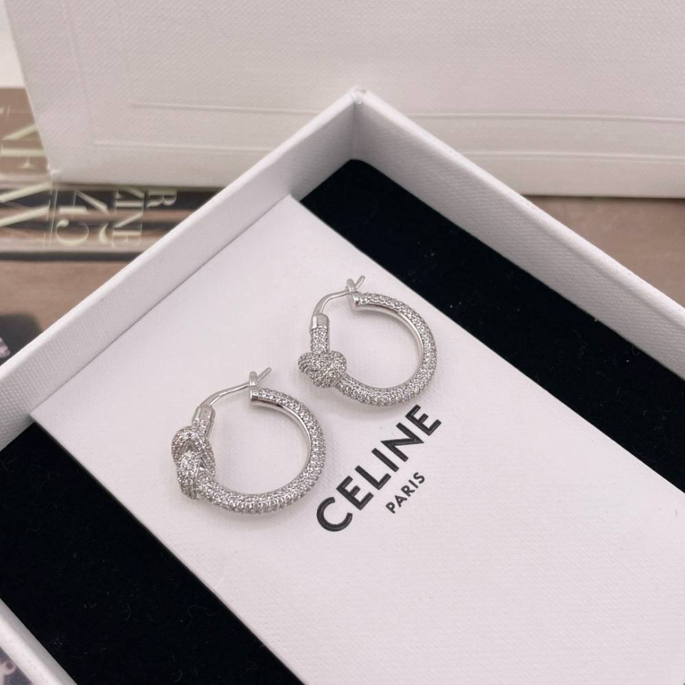 CELINE SILVER FULL DIAMOND KNOT TWIST HOOP EARRINGS