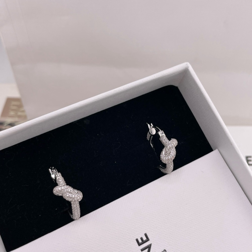 CELINE SILVER FULL DIAMOND KNOT TWIST HOOP EARRINGS