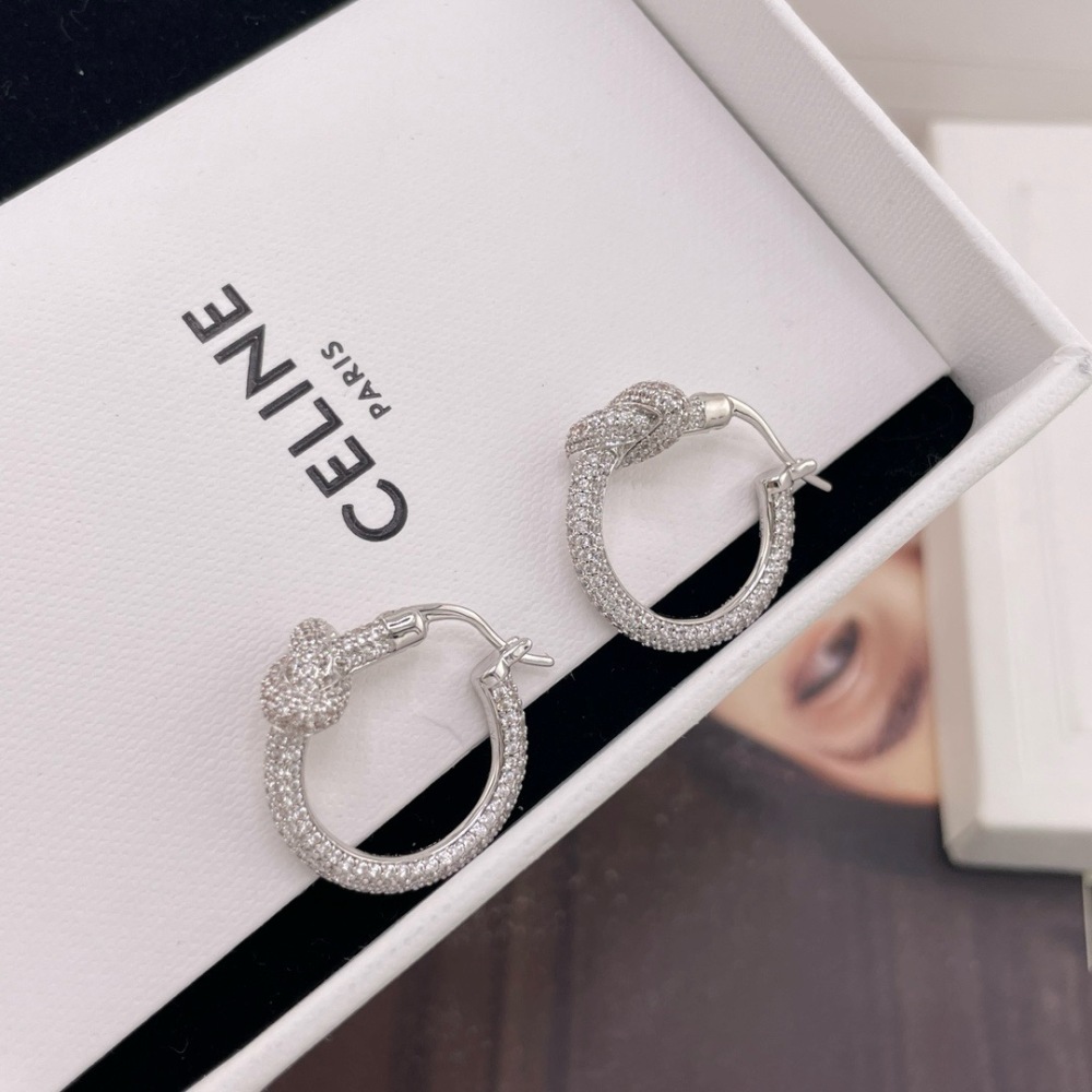 CELINE SILVER FULL DIAMOND KNOT TWIST HOOP EARRINGS