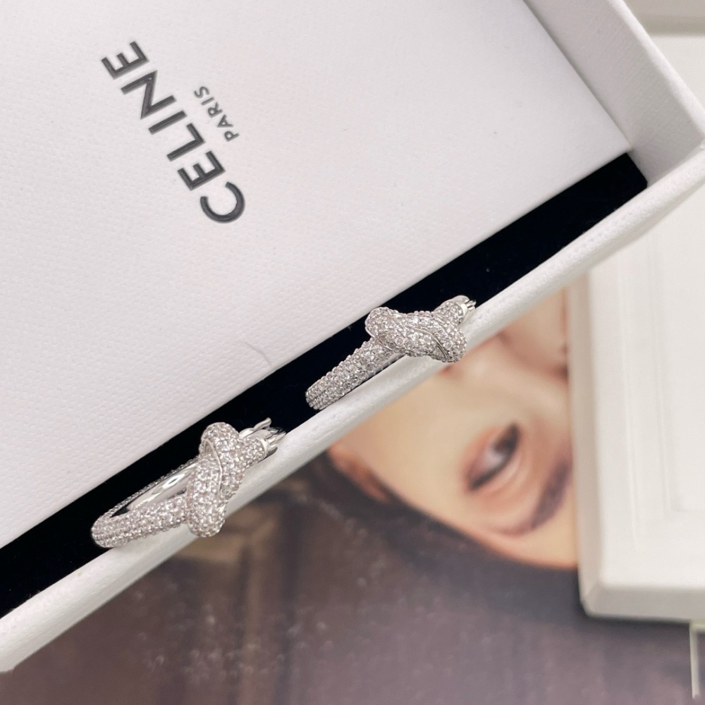 CELINE SILVER FULL DIAMOND KNOT TWIST HOOP EARRINGS