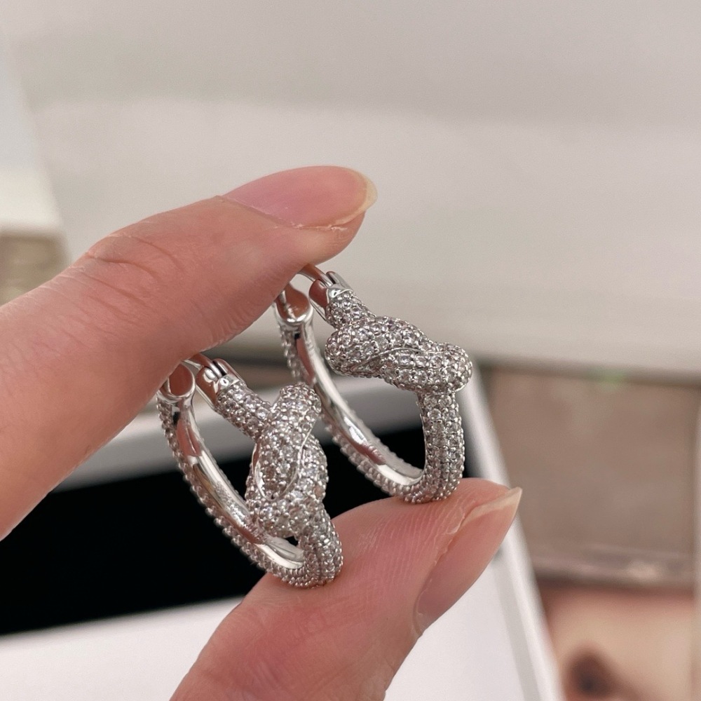 CELINE SILVER FULL DIAMOND KNOT TWIST HOOP EARRINGS