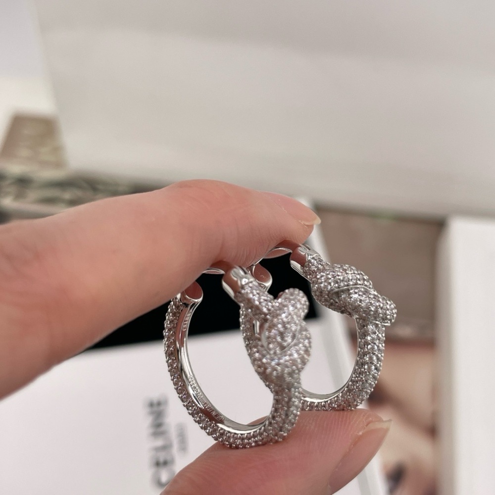 CELINE SILVER FULL DIAMOND KNOT TWIST HOOP EARRINGS