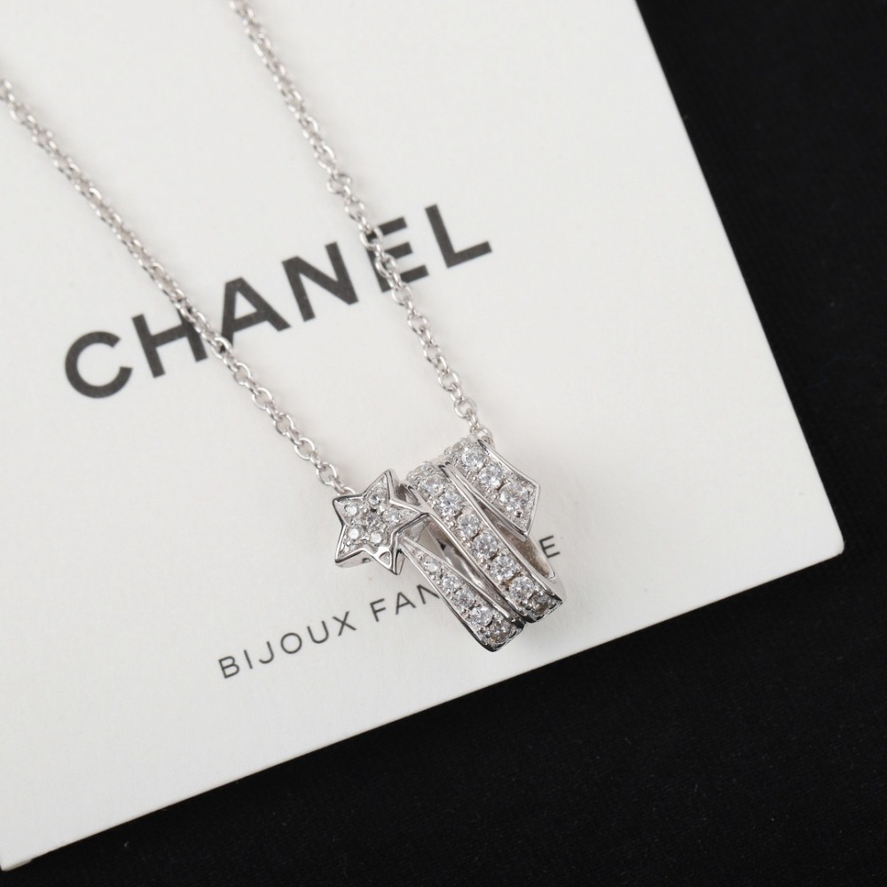 CHANEL SILVER COMET STAR FULL DIAMOND PENDANT NECKLACE