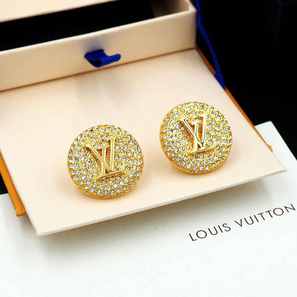LV GOLD ROUND FULL CRYSTAL LOGO STUD EARRINGS