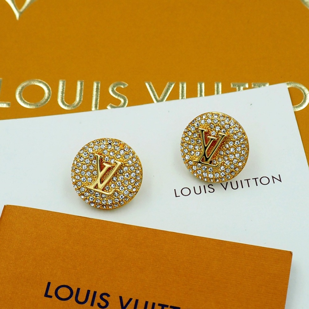 LV GOLD ROUND FULL CRYSTAL LOGO STUD EARRINGS