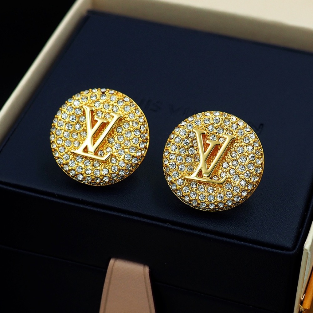 LV GOLD ROUND FULL CRYSTAL LOGO STUD EARRINGS