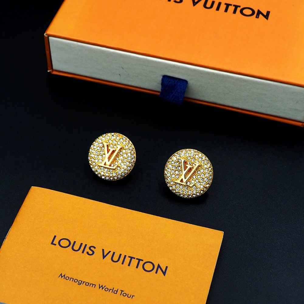 LV GOLD ROUND FULL CRYSTAL LOGO STUD EARRINGS