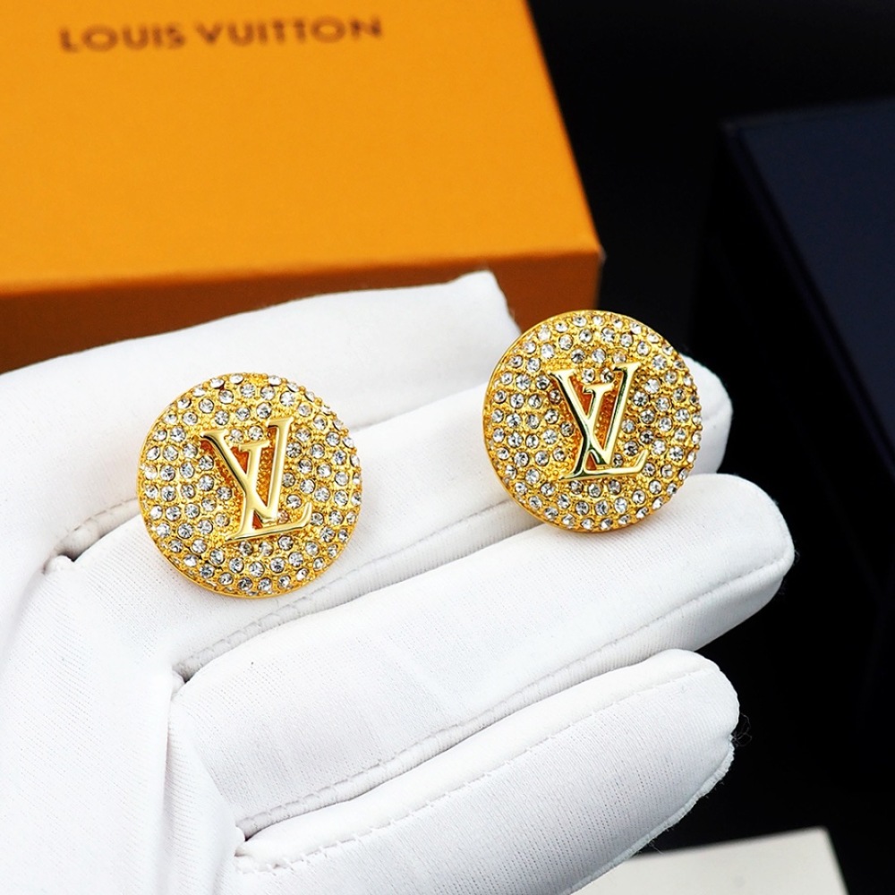 LV GOLD ROUND FULL CRYSTAL LOGO STUD EARRINGS