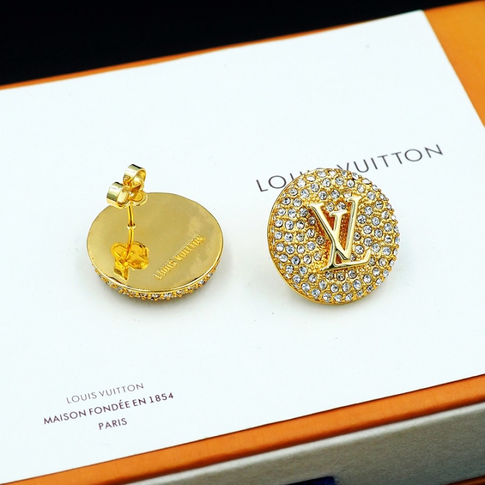 LV GOLD ROUND FULL CRYSTAL LOGO STUD EARRINGS