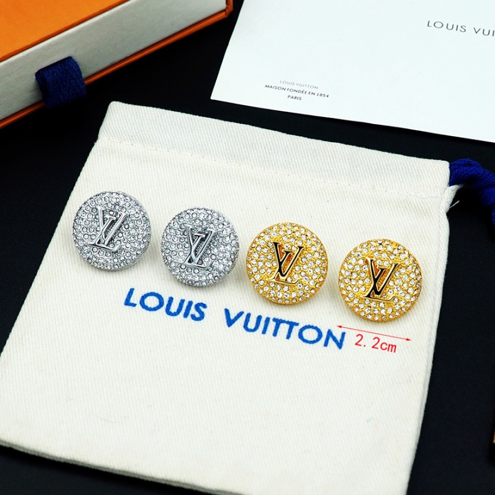 LV GOLD ROUND FULL CRYSTAL LOGO STUD EARRINGS
