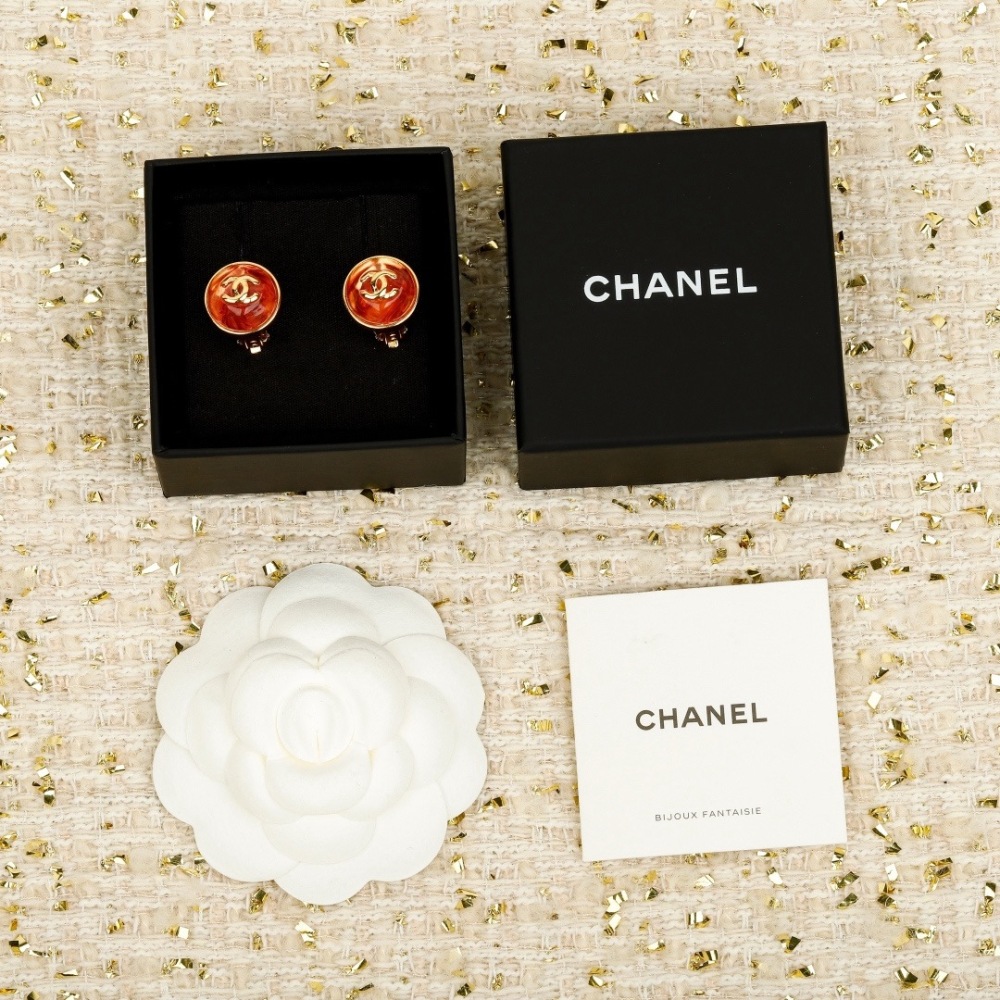 CHANEL GOLD FRAME RED AMBER DOUBLE C ROUND STUD EARRINGS