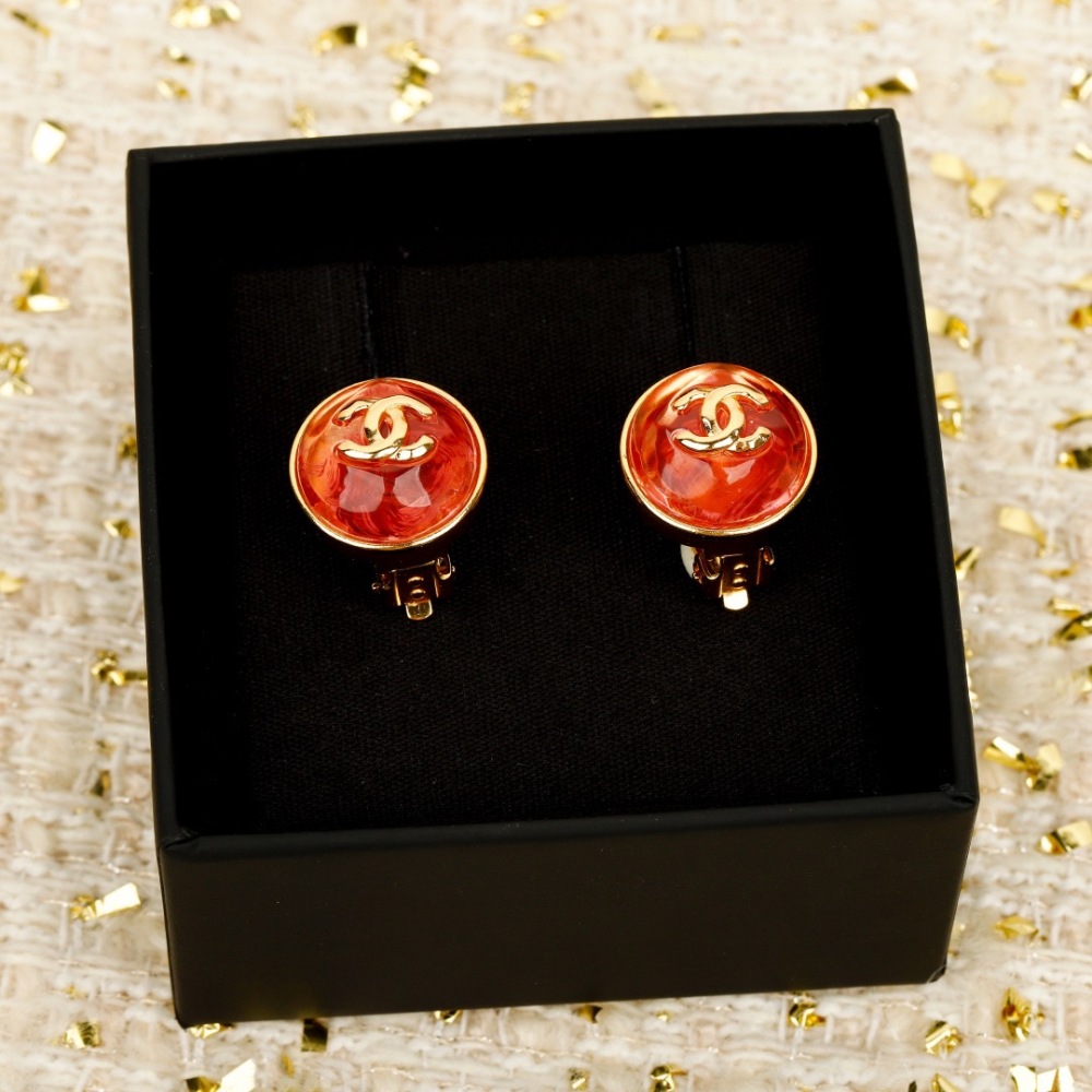 CHANEL GOLD FRAME RED AMBER DOUBLE C ROUND STUD EARRINGS
