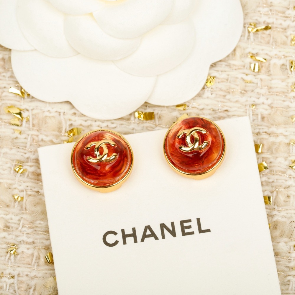 CHANEL GOLD FRAME RED AMBER DOUBLE C ROUND STUD EARRINGS