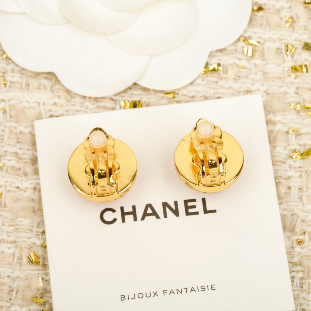 CHANEL GOLD FRAME RED AMBER DOUBLE C ROUND STUD EARRINGS