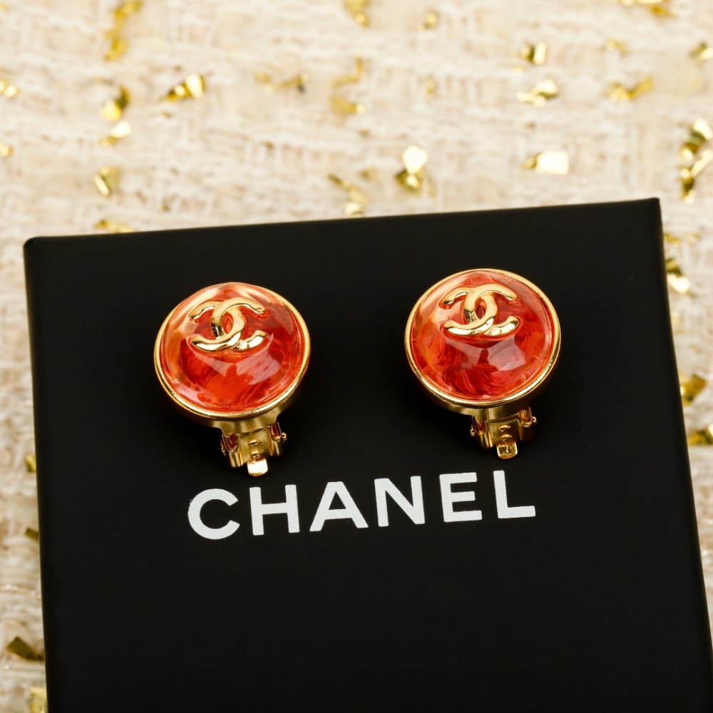 CHANEL GOLD FRAME RED AMBER DOUBLE C ROUND STUD EARRINGS