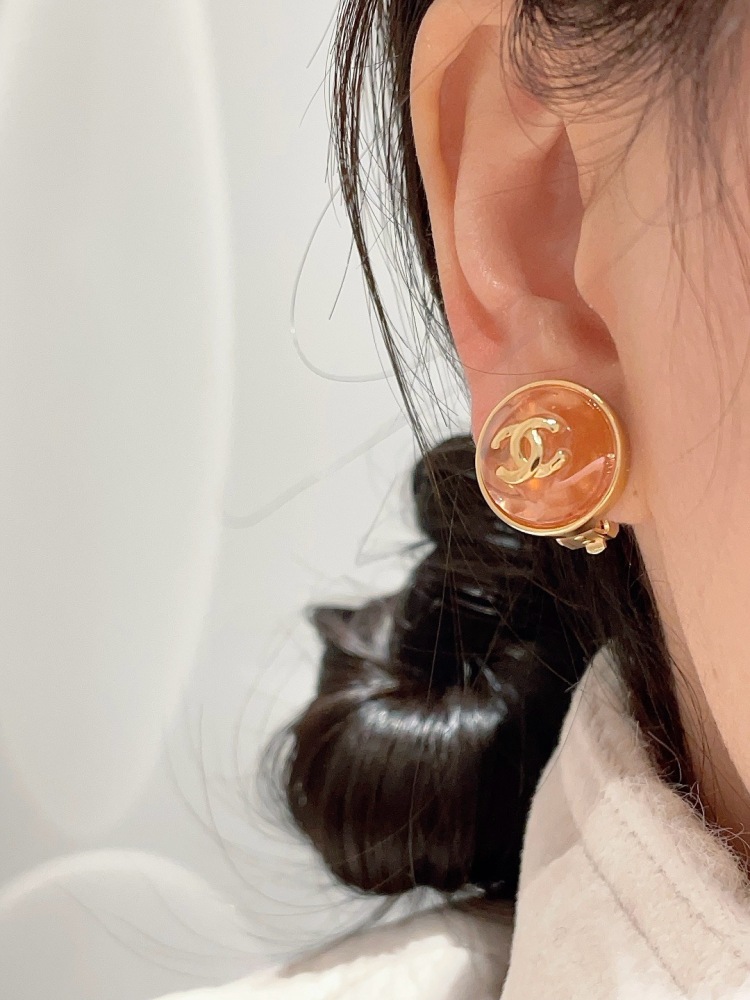 CHANEL GOLD FRAME RED AMBER DOUBLE C ROUND STUD EARRINGS