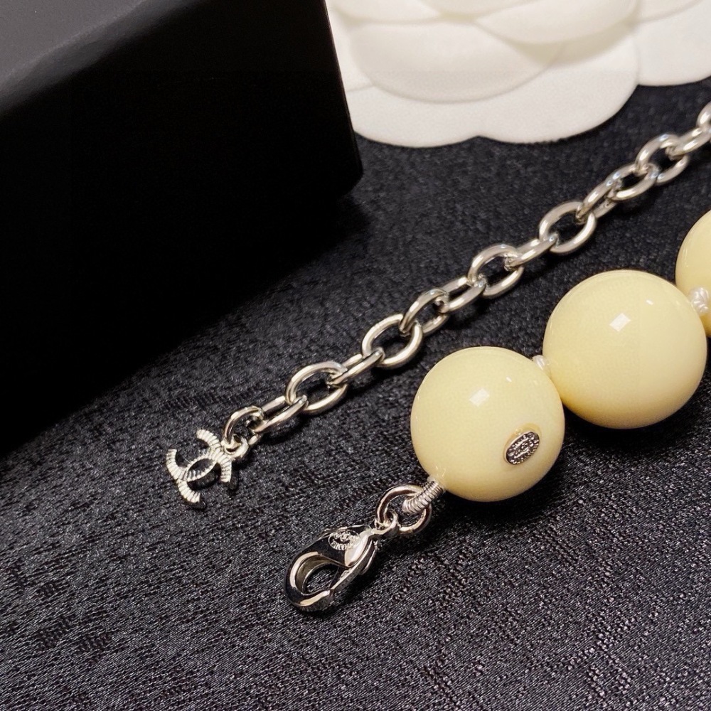 CHANEL CREAM BEAD SILVER LETTER ADJUSTABLE NECKLACE