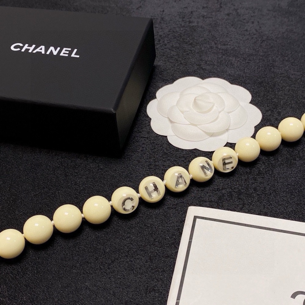 CHANEL CREAM BEAD SILVER LETTER ADJUSTABLE NECKLACE