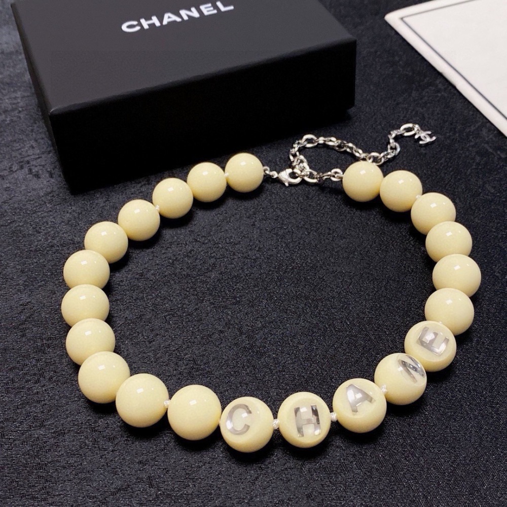 CHANEL CREAM BEAD SILVER LETTER ADJUSTABLE NECKLACE