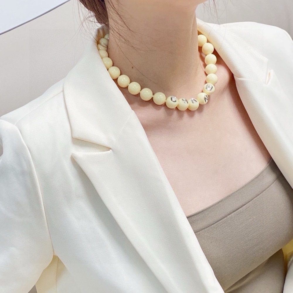CHANEL CREAM BEAD SILVER LETTER ADJUSTABLE NECKLACE