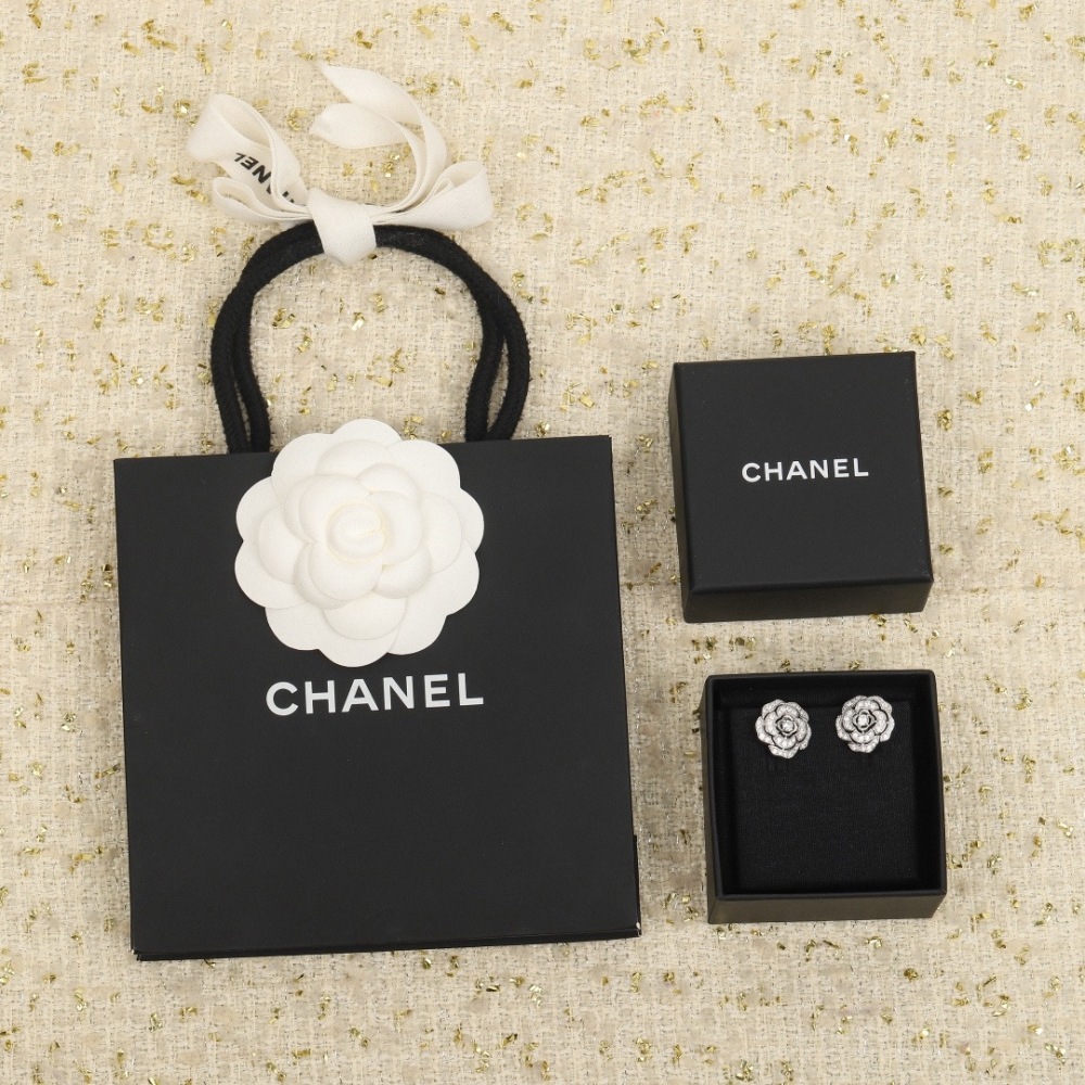 CHANEL ENGRAVED FULL CRYSTAL CAMELLIA CLIP EARRINGS