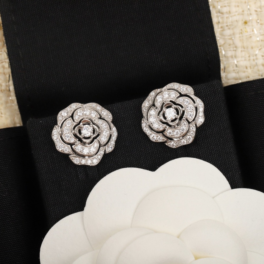 CHANEL ENGRAVED FULL CRYSTAL CAMELLIA CLIP EARRINGS