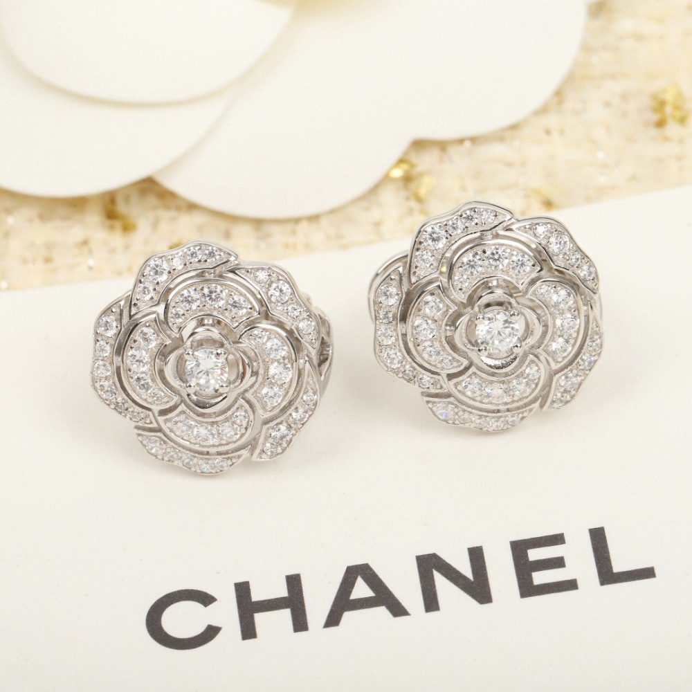 CHANEL ENGRAVED FULL CRYSTAL CAMELLIA CLIP EARRINGS