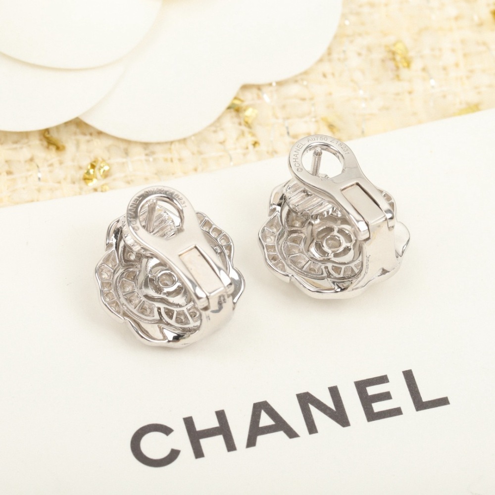CHANEL ENGRAVED FULL CRYSTAL CAMELLIA CLIP EARRINGS