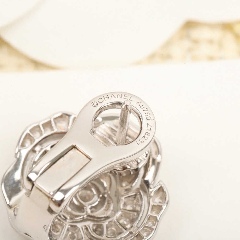 CHANEL ENGRAVED FULL CRYSTAL CAMELLIA CLIP EARRINGS