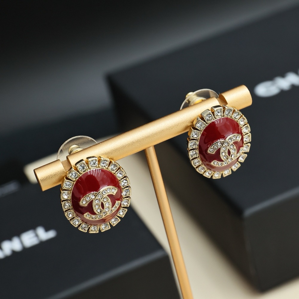 CHANEL OVAL RED ENAMEL CRYSTAL CC LOGO STUD EARRINGS