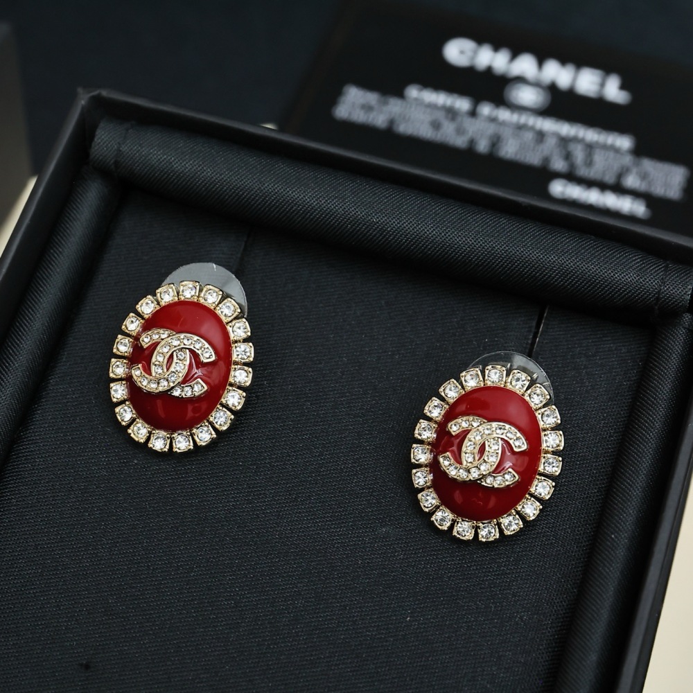 CHANEL OVAL RED ENAMEL CRYSTAL CC LOGO STUD EARRINGS