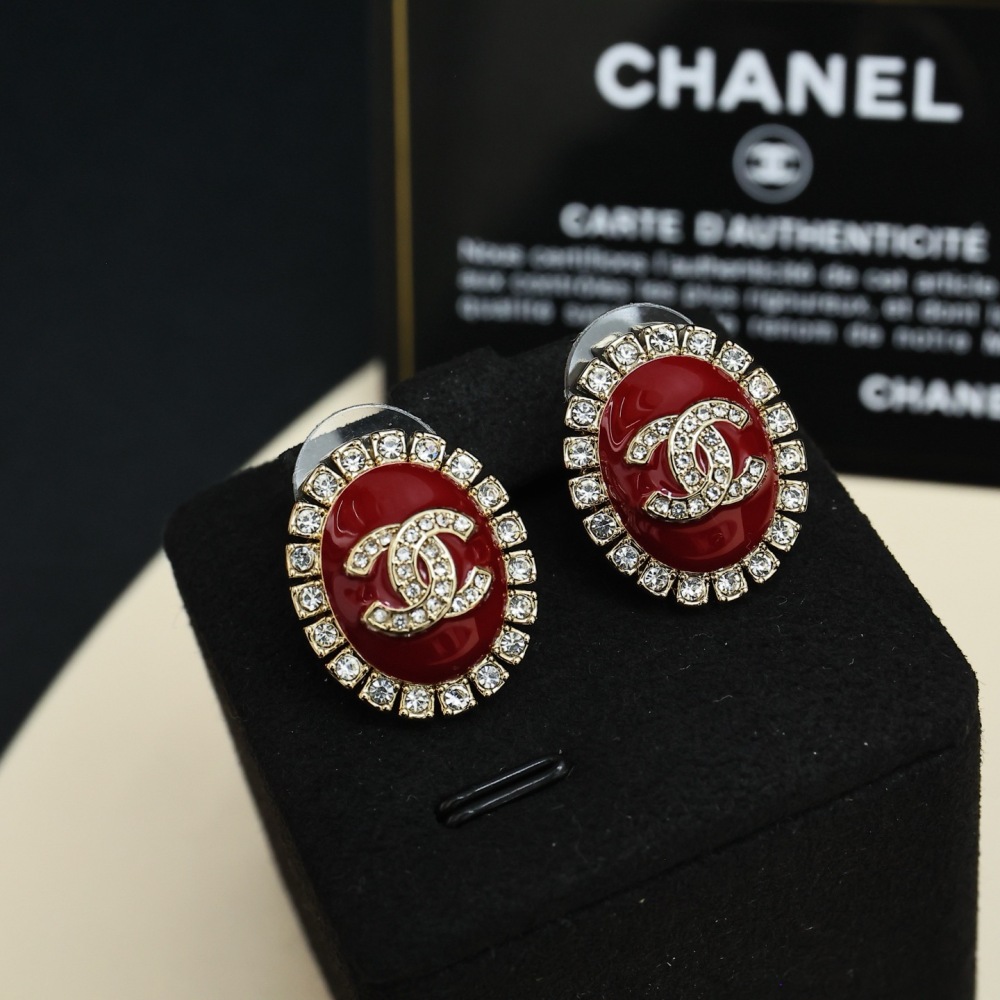 CHANEL OVAL RED ENAMEL CRYSTAL CC LOGO STUD EARRINGS