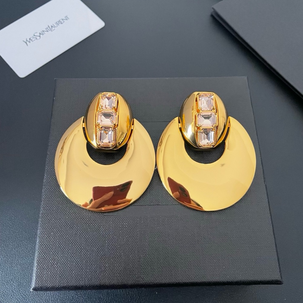 YSL POLISHED GOLD PINK CRYSTAL CRESCENT STATEMENT EARRINGS