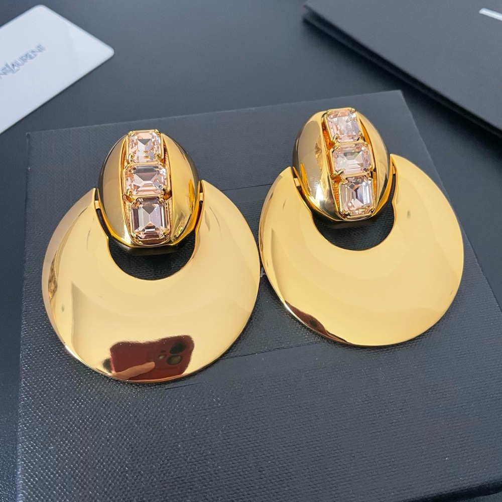 YSL POLISHED GOLD PINK CRYSTAL CRESCENT STATEMENT EARRINGS