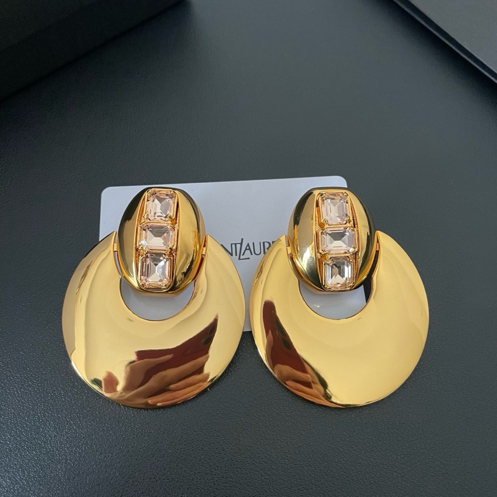 YSL POLISHED GOLD PINK CRYSTAL CRESCENT STATEMENT EARRINGS